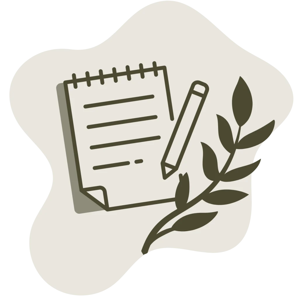 Minimalist line icon representing Emotional Self-Regulation, showing a notepad and pencil with a leafy branch in a dark green outline on a beige shape,