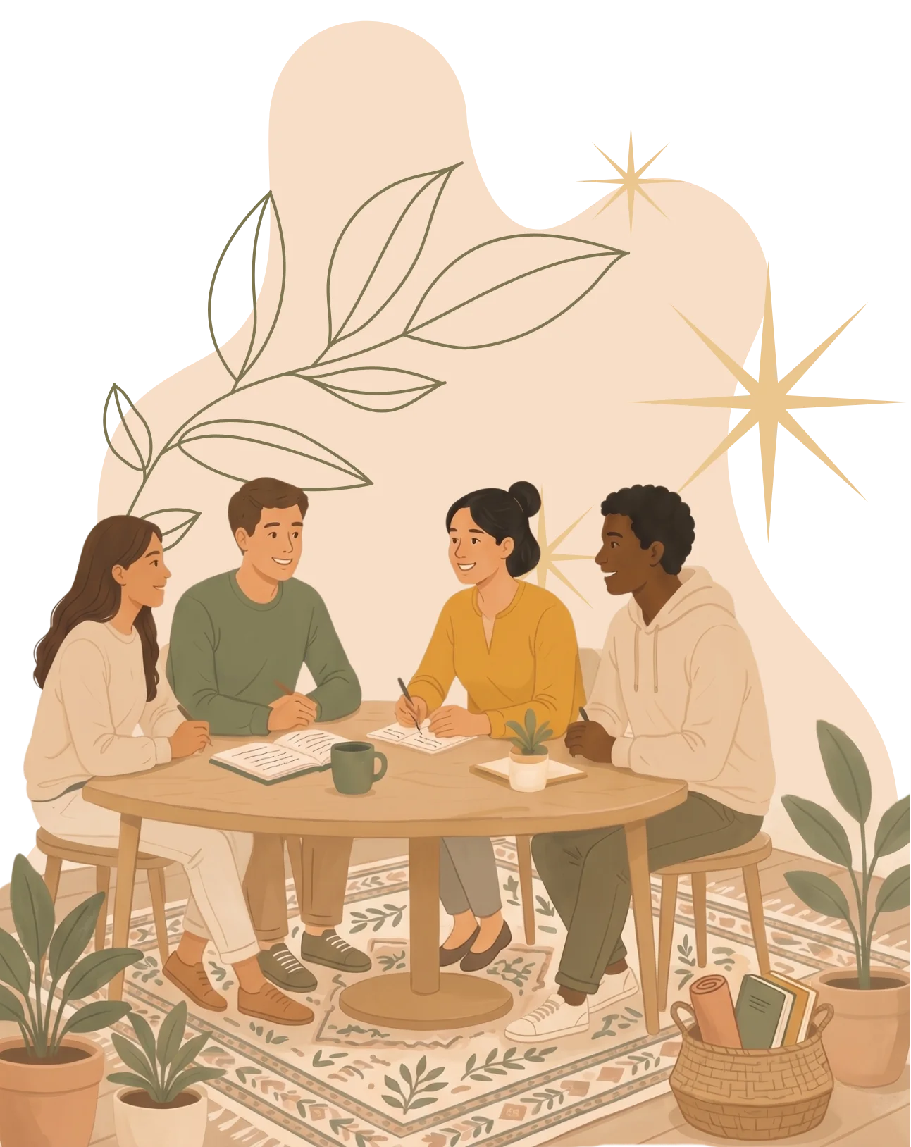 Illustration of a group discussion during a mental health coaching session, in a warm minimalist style.