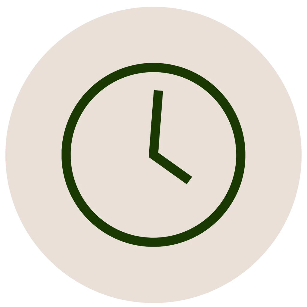 Minimalist line icon of a clock inside a circle, in a dark green outline on an off-white background.