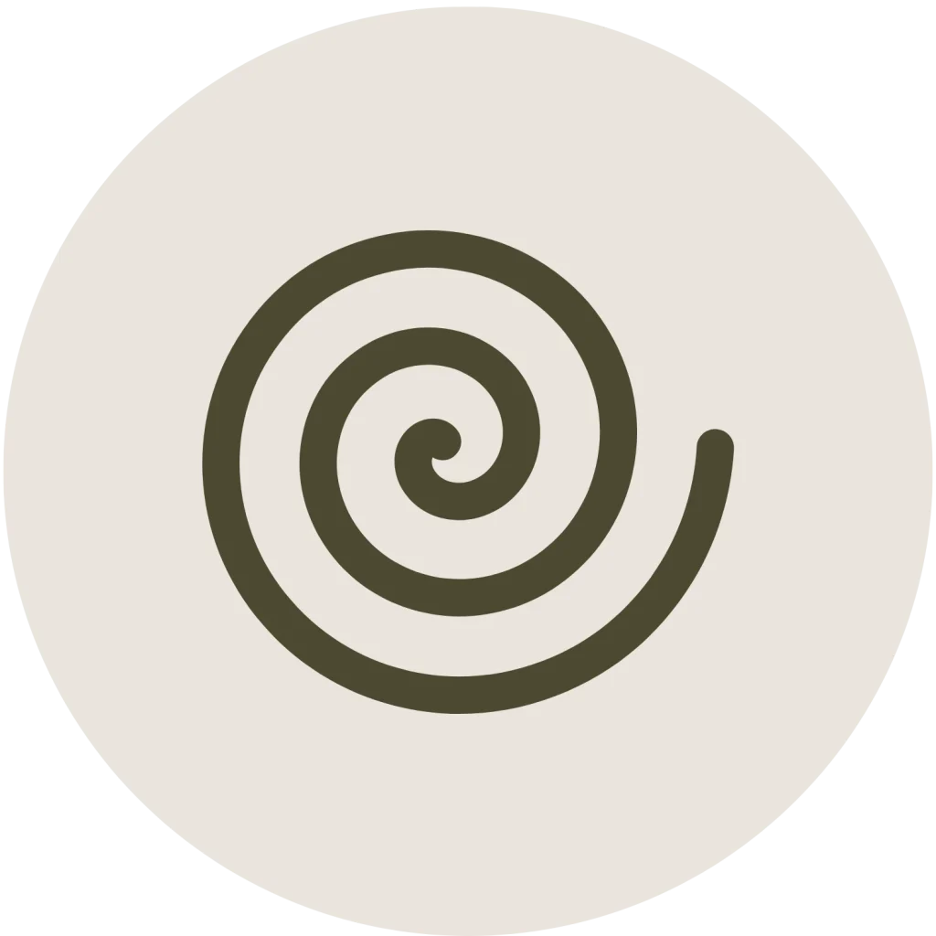 Minimalist line icon of a spiral inside a circle, in a dark green outline on an off-white background.