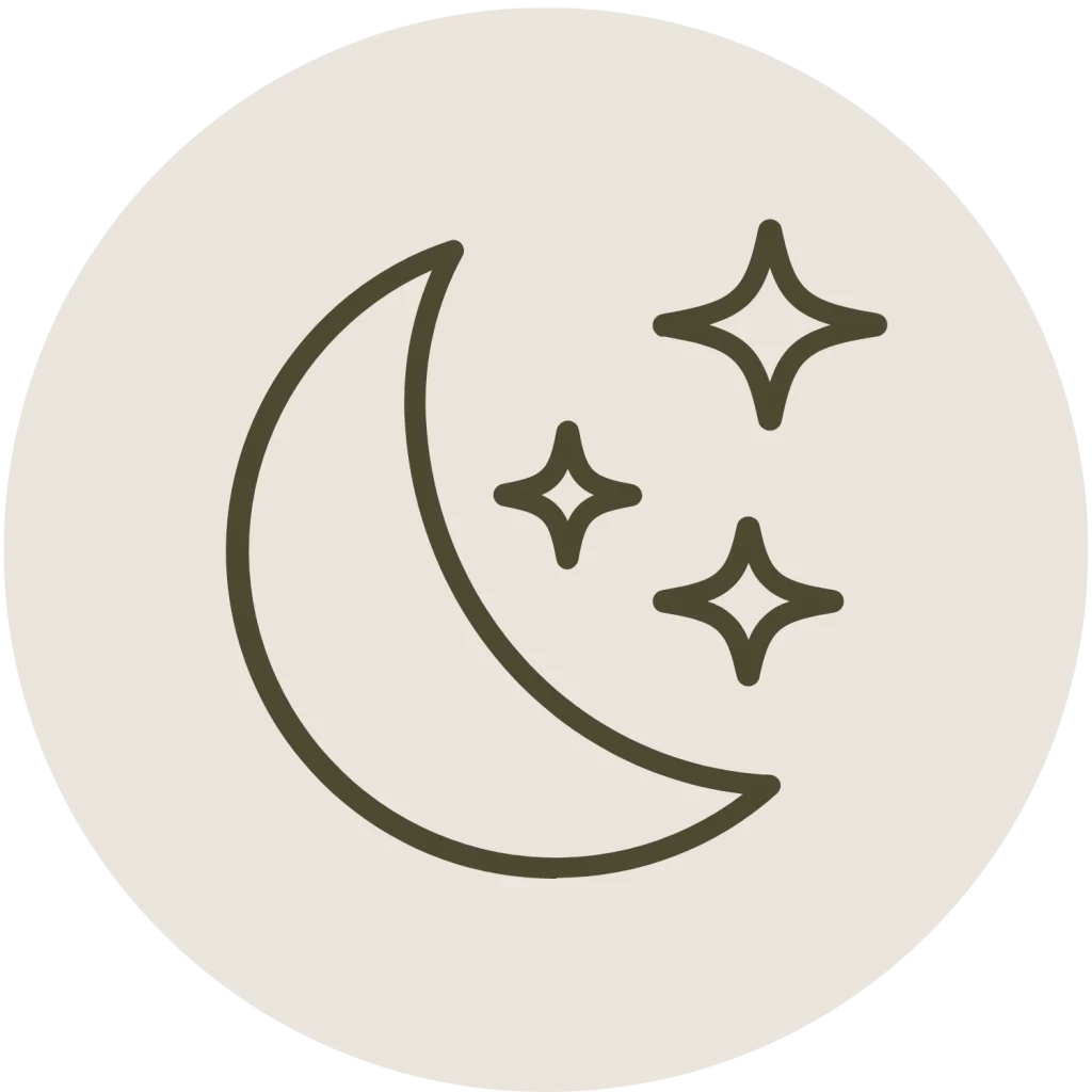 Minimalist line icon of a crescent moon and stars inside a circle, in a dark green outline on an off-white background.