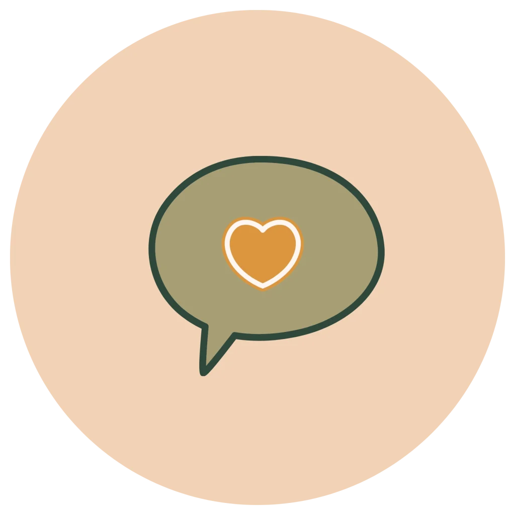 Minimalist flat icon of an olive green speech bubble containing an orange heart, inside a peach circle background.
