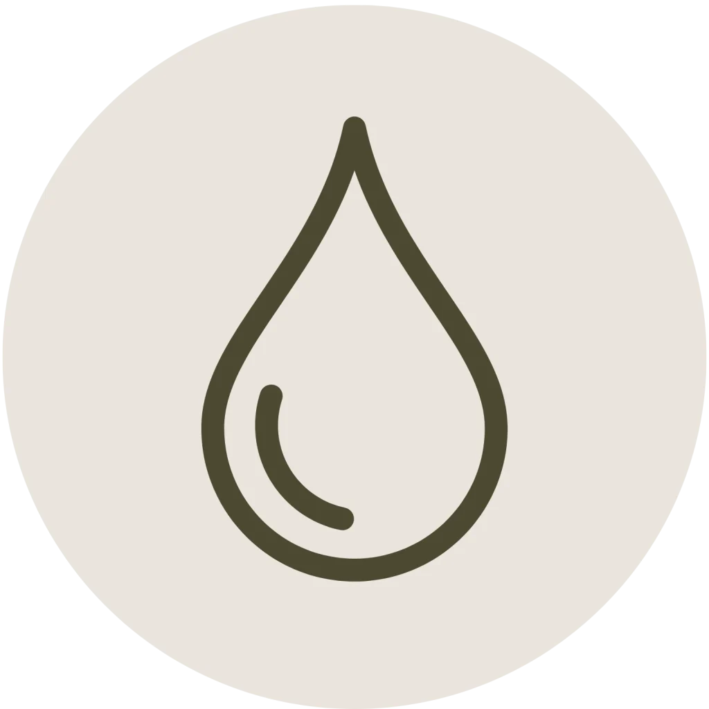 Minimalist line icon of a water droplet inside a circle, in a dark green outline on an off-white background.