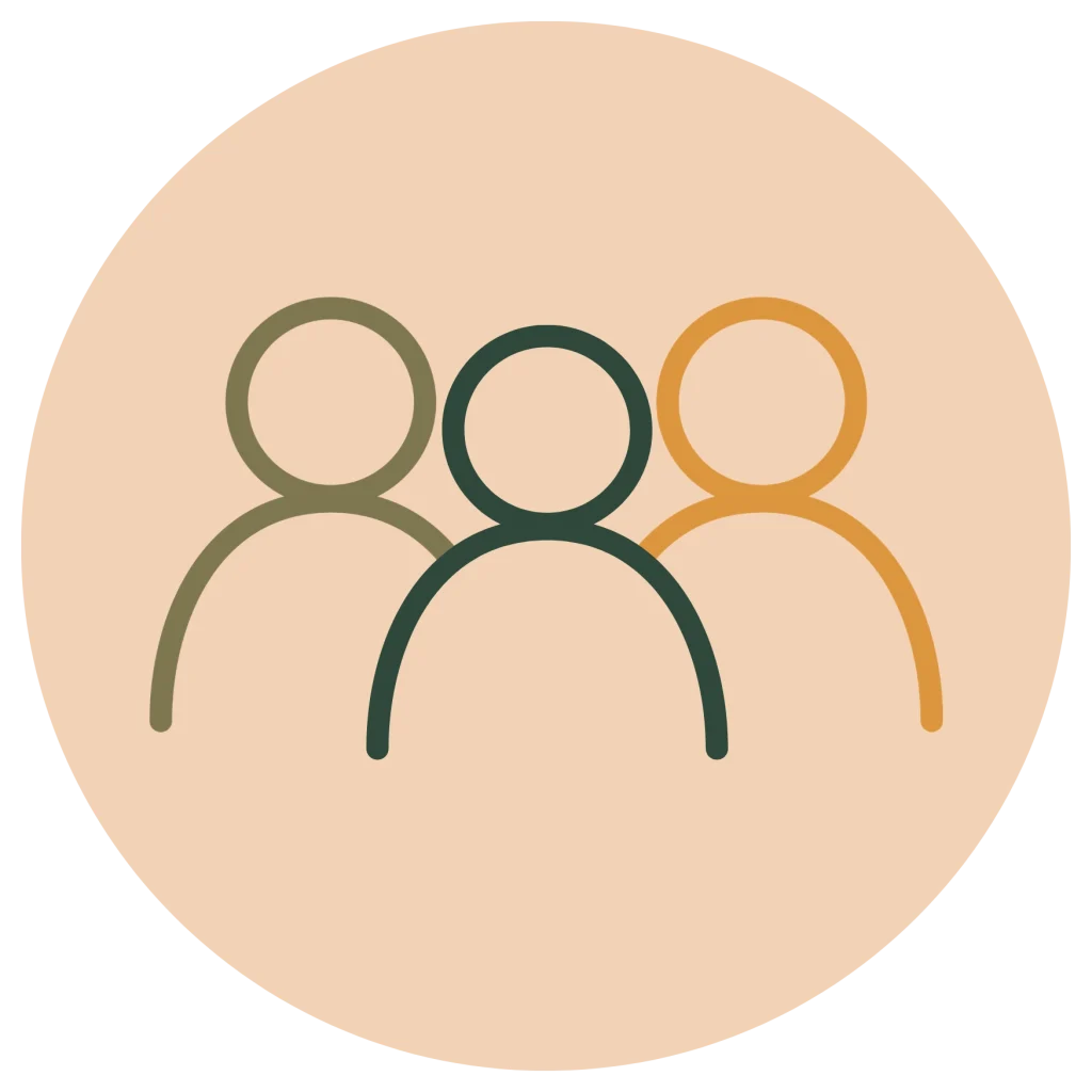 Minimalist line icon of three user figures in olive, dark green, and orange outlines, inside a peach circle background.