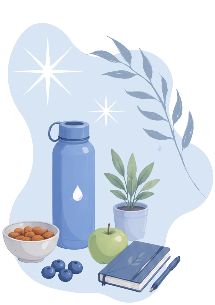 Vertical banner featuring a reusable water bottle, healthy snacks, a notebook, and plants, symbolizing wellness and self-care.