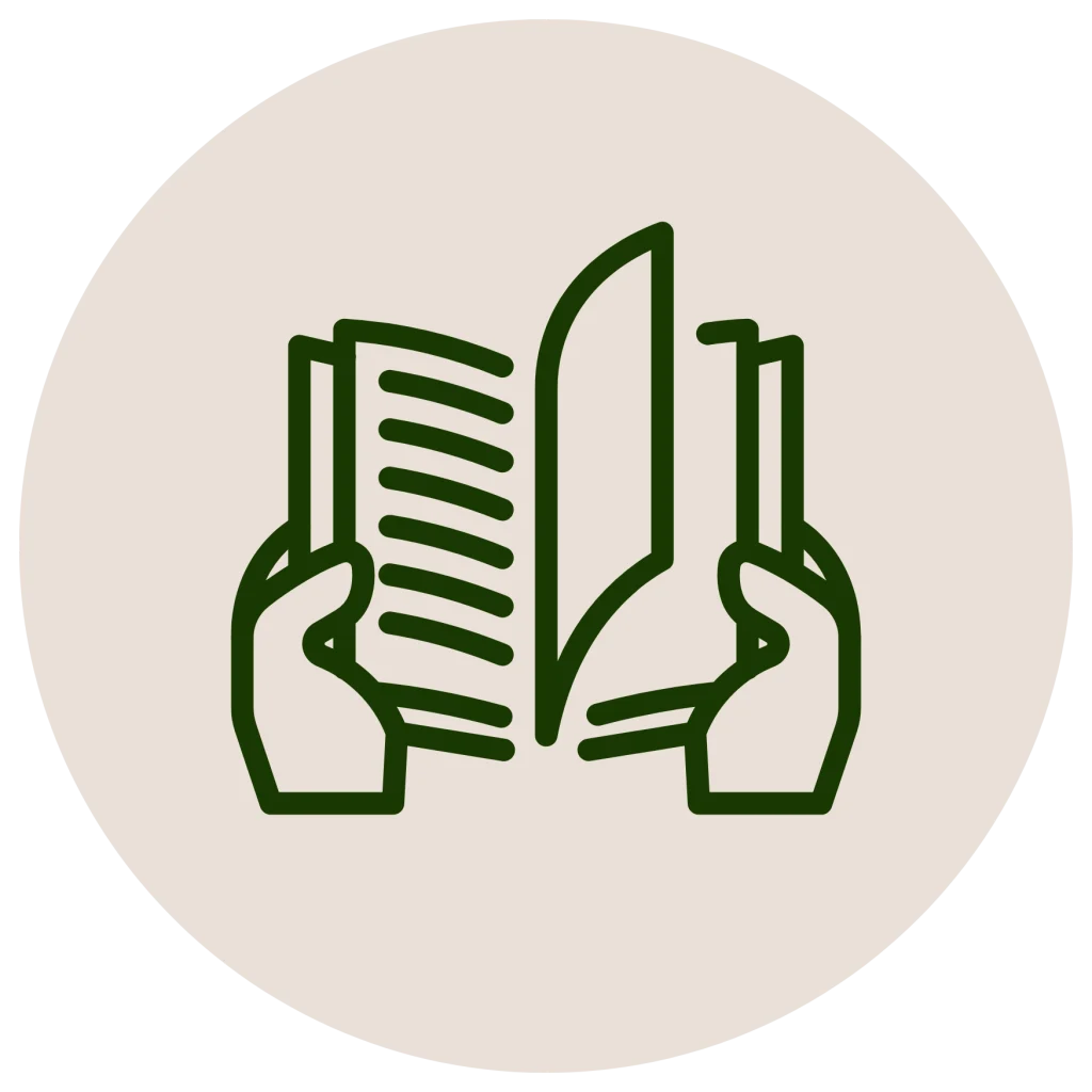 Minimalist line icon of hands holding an open book with turning pages inside a circle, in a dark green outline on an off-white background.