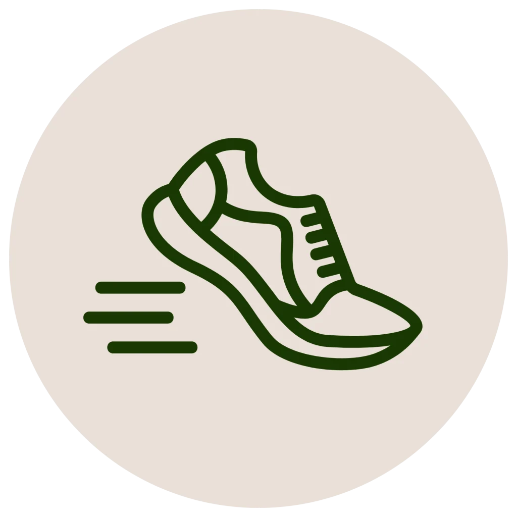 Minimalist line icon of a running shoe with speed lines inside a circle, in a dark green outline on an off-white background.