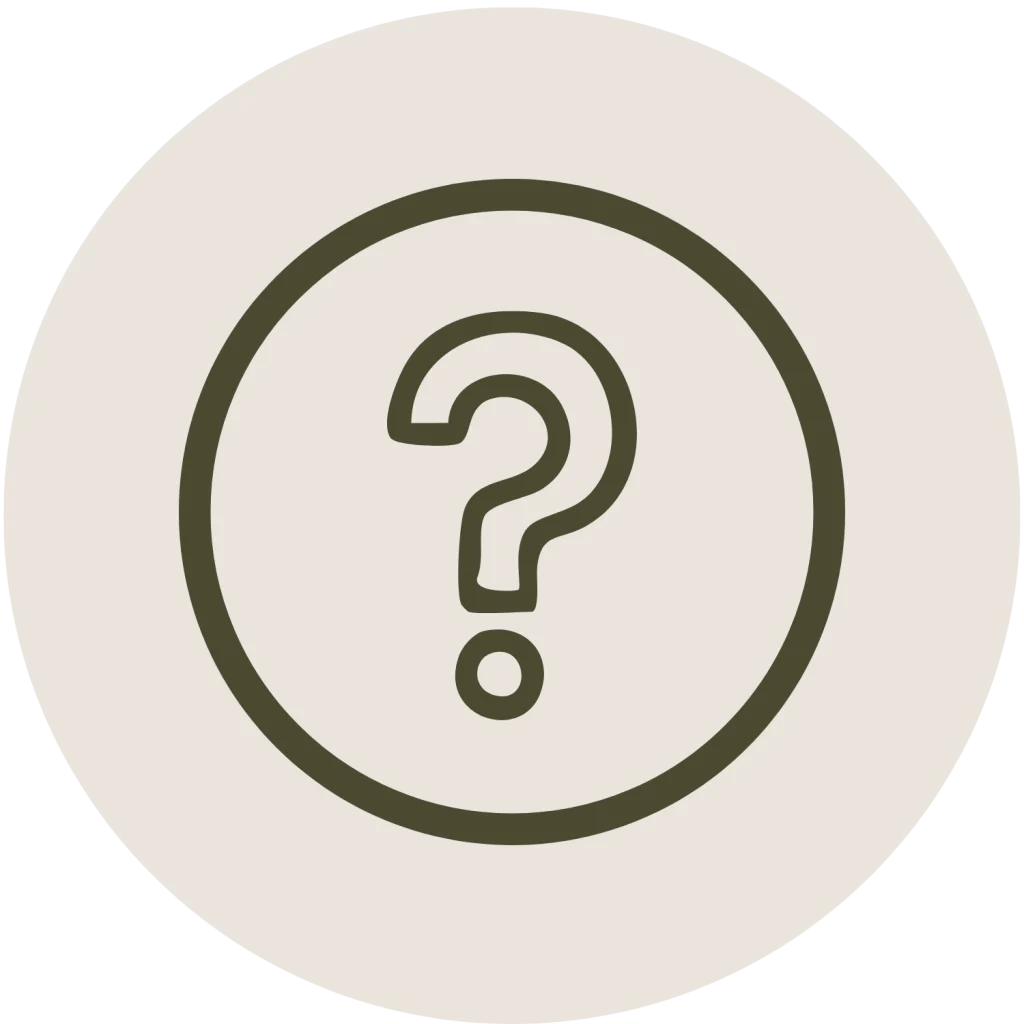 Minimalist line icon of a question mark inside a circle, in a dark green outline on an off-white background.