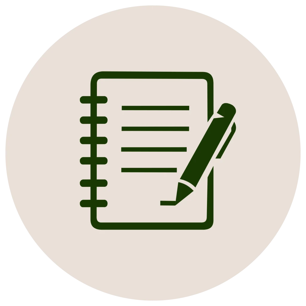Minimalist line icon of a spiral notebook and pen inside a circle, in a dark green outline on an off-white background.