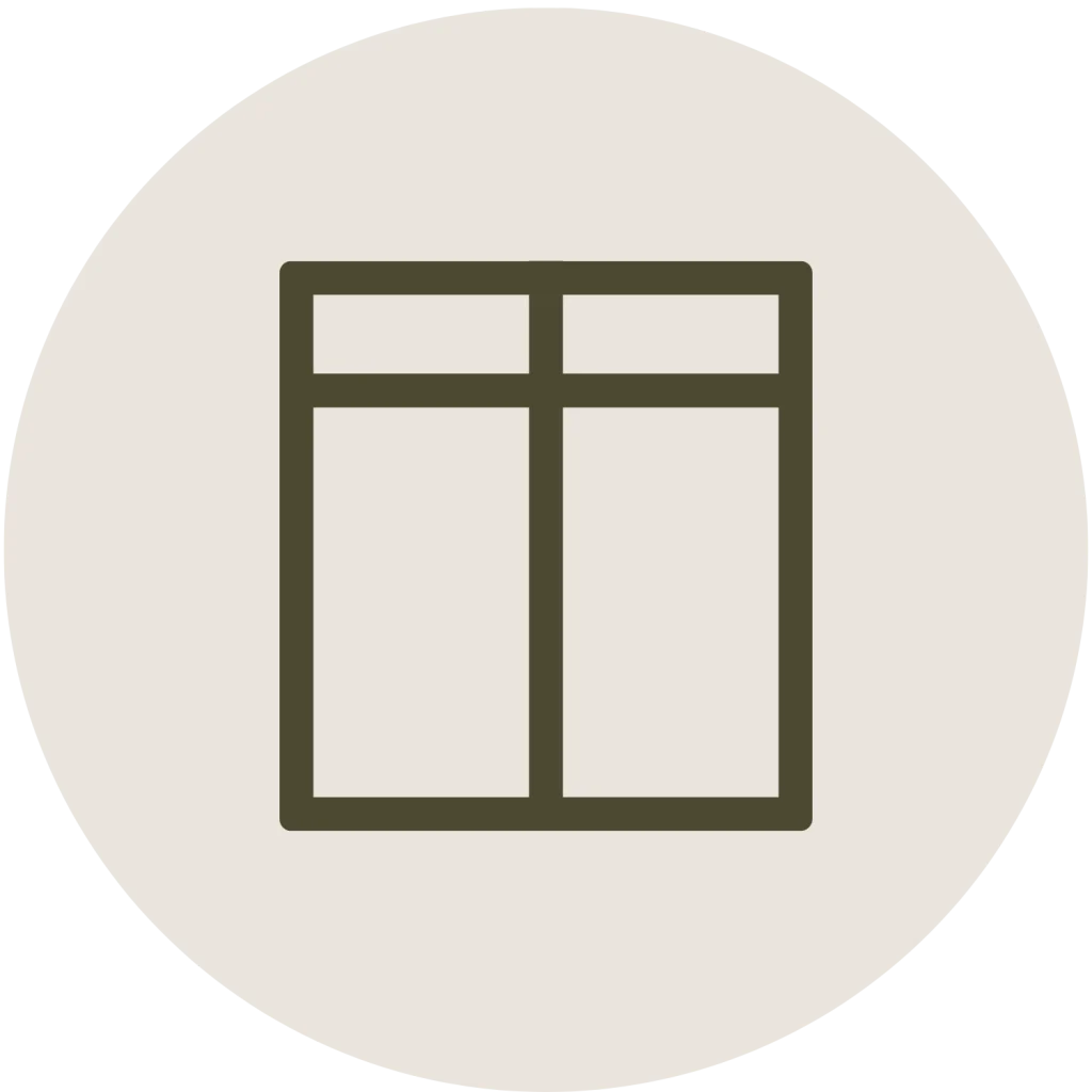 Minimalist line icon of a window or layout grid inside a circle, in a dark green outline on an off-white background.