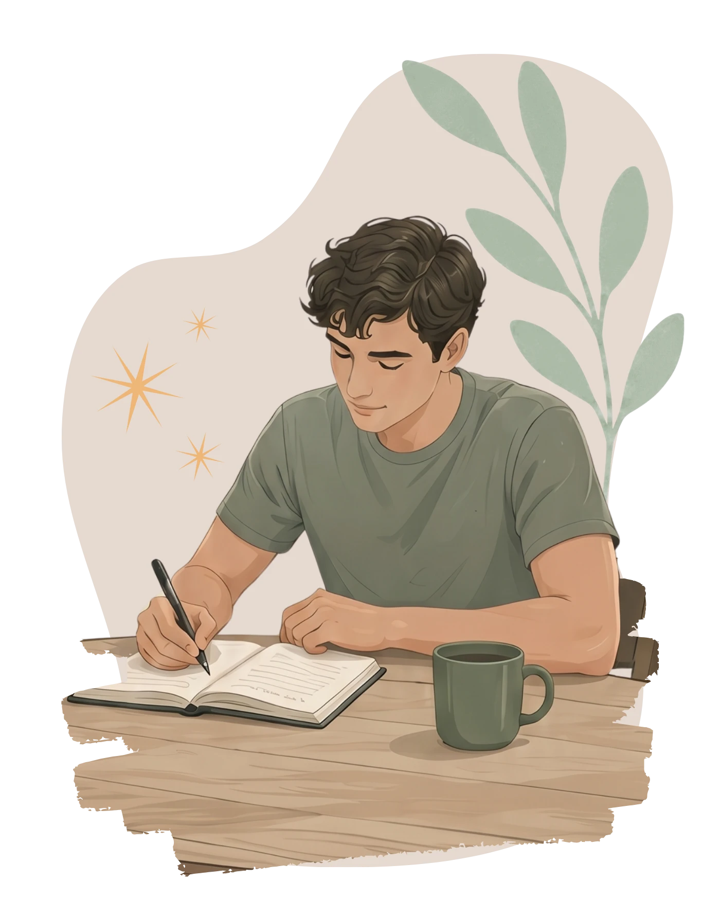 Illustration of a man writing in an open notebook at a wooden desk, next to a green mug, with a leafy branch behind him.