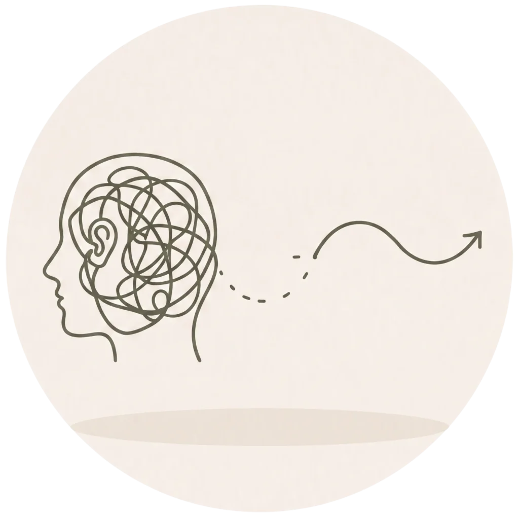 Minimalist line icon of a tangled mess inside a human head profile unraveling into a smooth arrow inside a circle, in a dark green outline on an off-white background.
