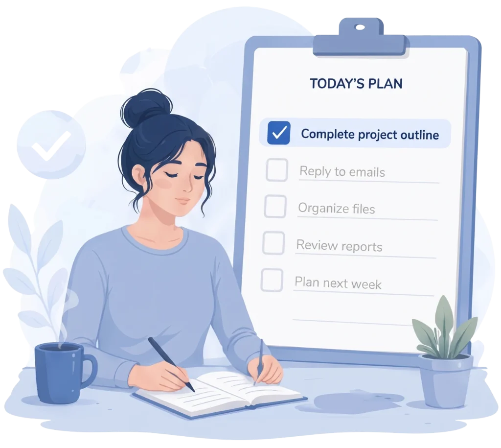 Serene illustration of a woman writing in her notebook next to a large clipboard displaying a "Today's Plan" checklist.