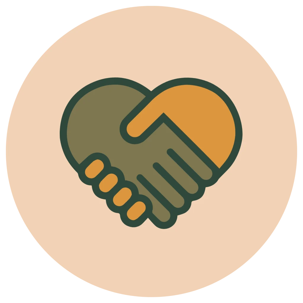 Minimalist flat icon of two hands shaking to form a heart shape in olive and orange, inside a peach circle background.