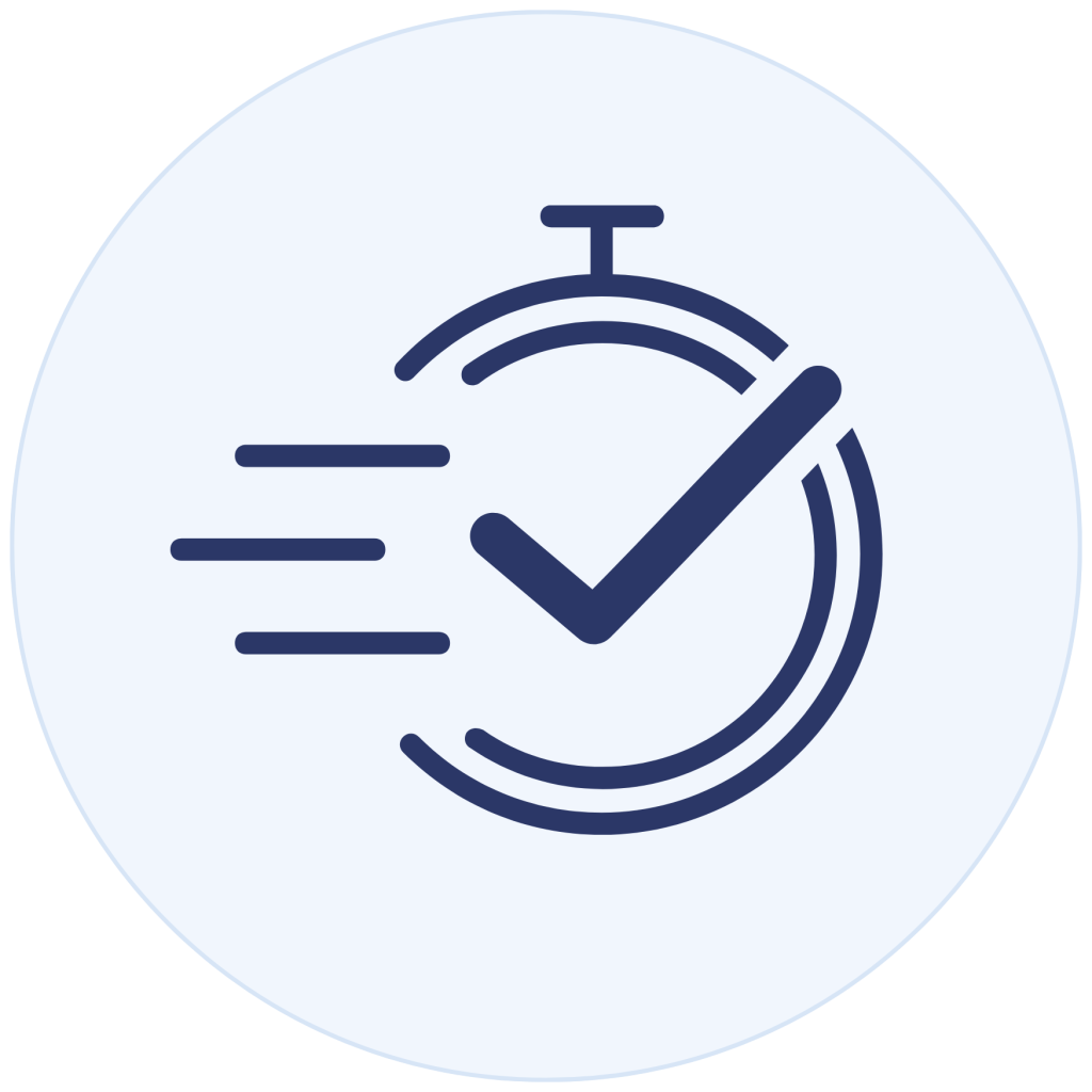 Minimalist line icon of a stopwatch with speed lines and a checkmark inside, on a light blue circle background.