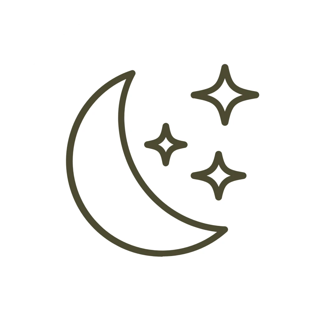 Minimalist line icon of a crescent moon and stars in a dark green outline on a white background.