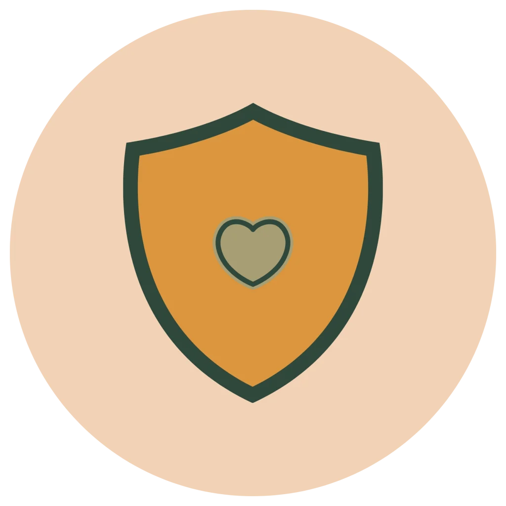Minimalist shield icon with a heart, symbolizing safe spaces and protection in mental health coaching.