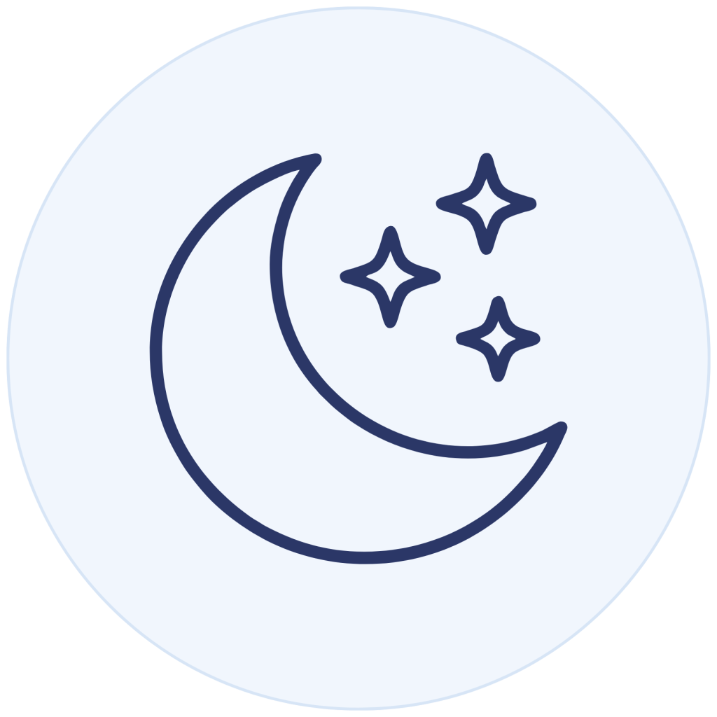 Minimalist line icon of a crescent moon and three twinkling stars, inside a light blue circle background.