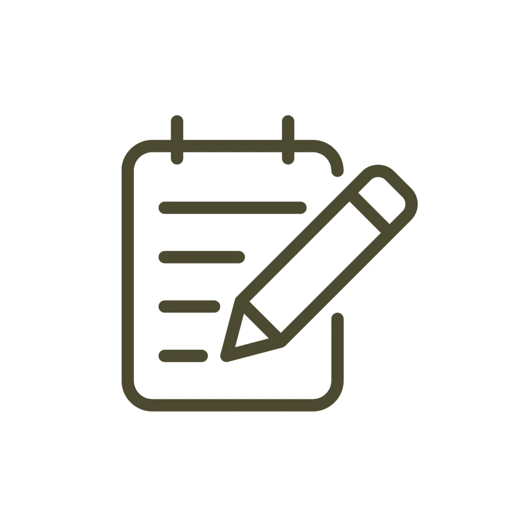 Minimalist line icon of a notepad and pencil in a dark green outline on a white background.