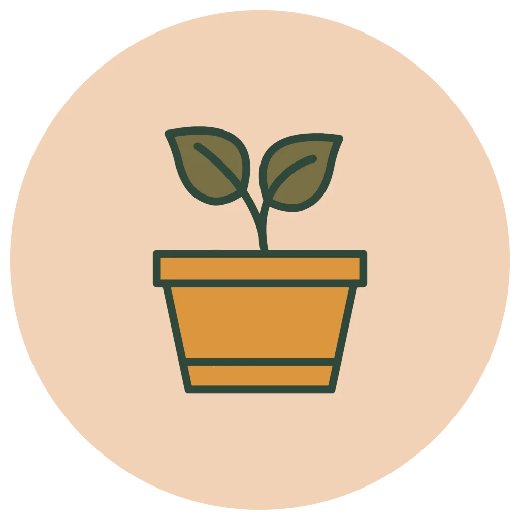 Minimalist line icon of a small plant growing in an orange pot with two olive leaves, inside a peach circle background.