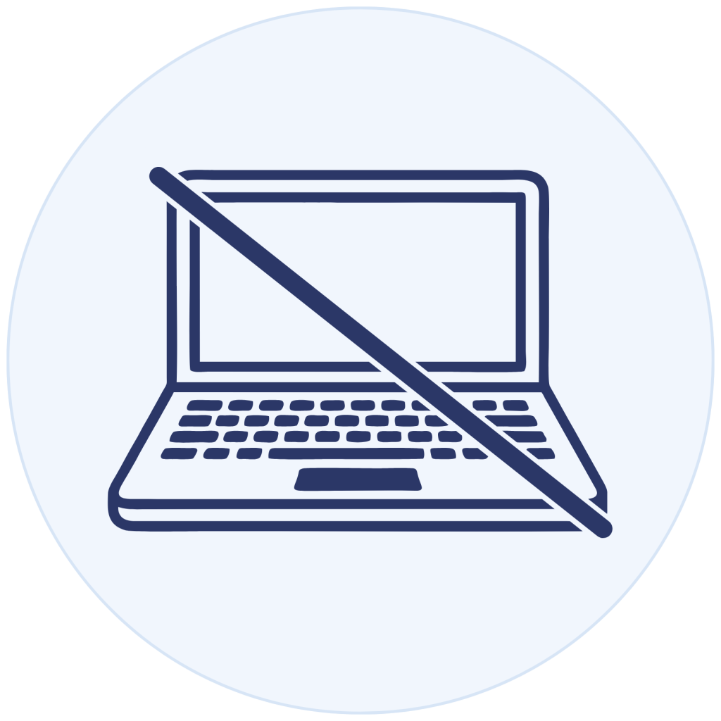 Minimalist line icon of an open laptop with a diagonal slash across it, inside a light blue circle background.