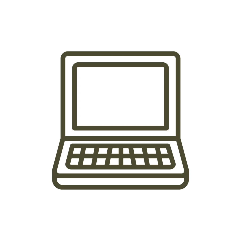 Minimalist line icon of an open laptop computer in a dark green outline on a white background.