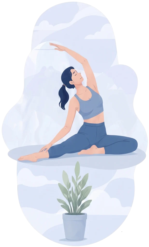 Vertical banner of a woman stretching peacefully above a potted plant, helping to calm mental health overwhelm.