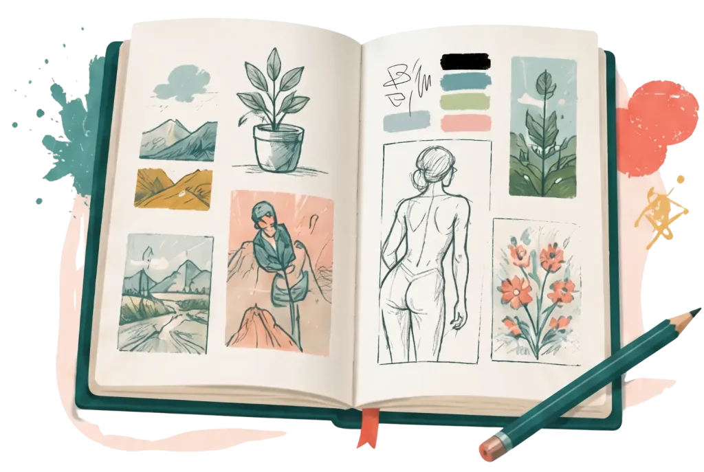 Open sketchbook with landscape, figure, and botanical studies showcasing a unique art style.