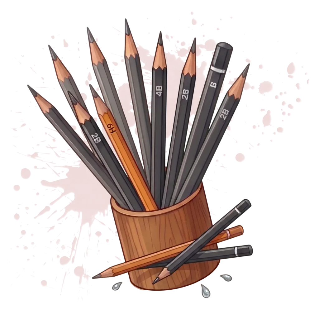 A illustration of pencils with various grades in a holder and lying nearby, useful tools for beginner artists.