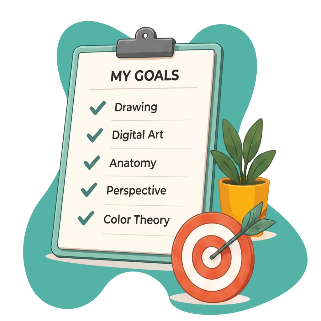 Clipboard with learning goals for an online art class next to a target graphic.