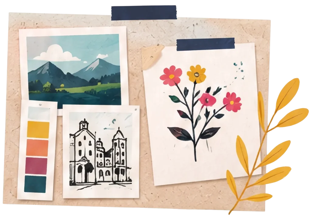 Inspiration board featuring sketches, flower art, and a color palette to develop a unique art style.