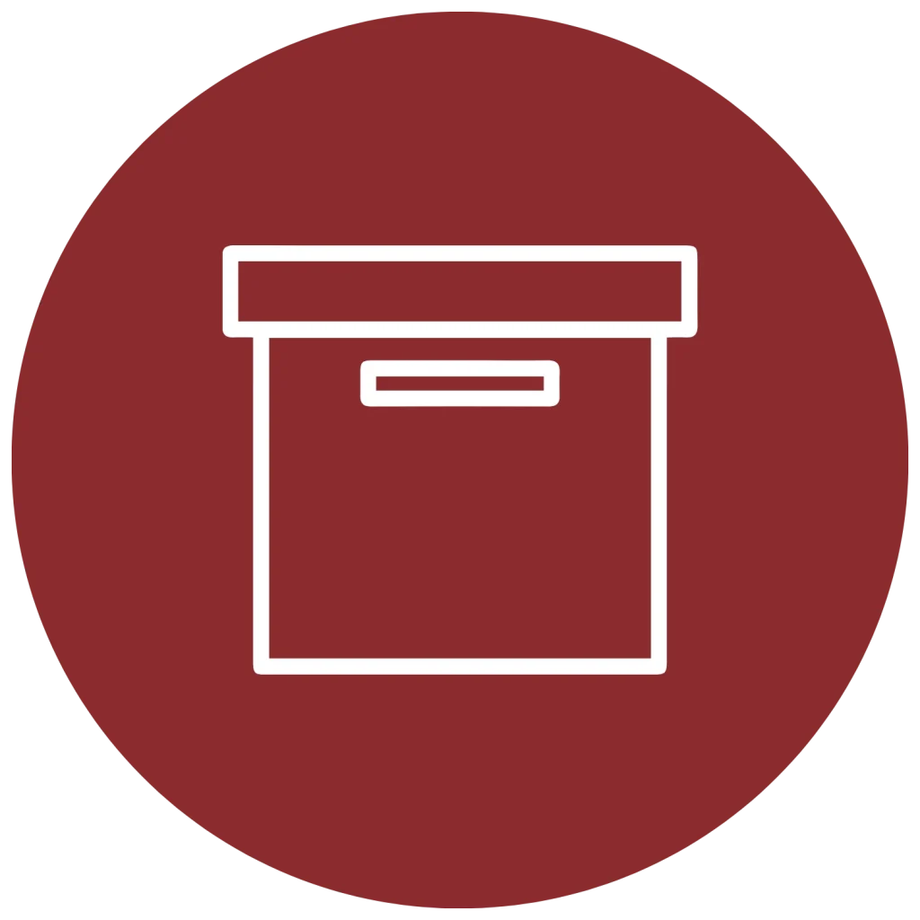 White line icon of a box, set within a red circle background.