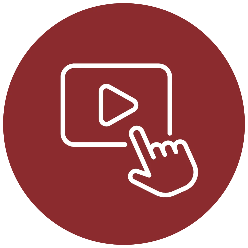 White line icon of a play button with a hand, set within a red circle background.