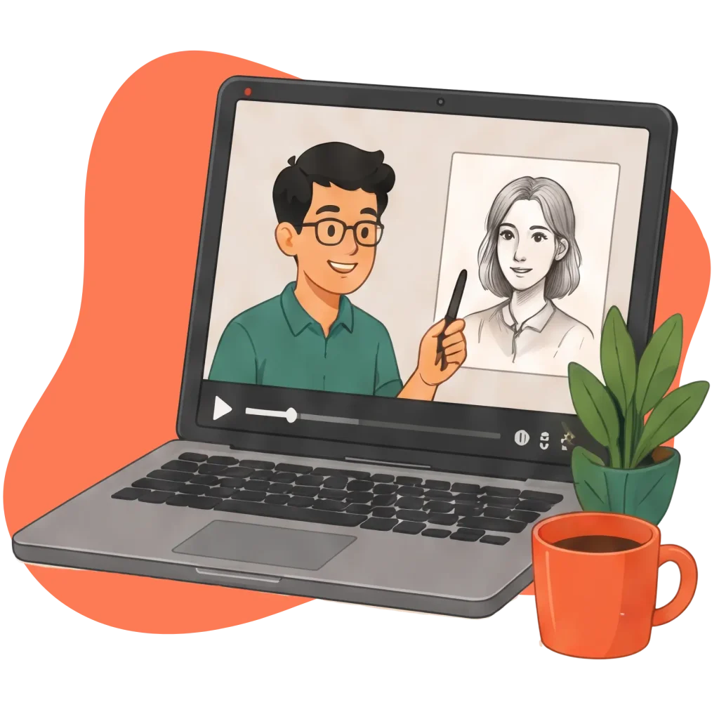 Laptop displaying an online art class video tutorial on a screen, next to a potted plant and coffee mug.