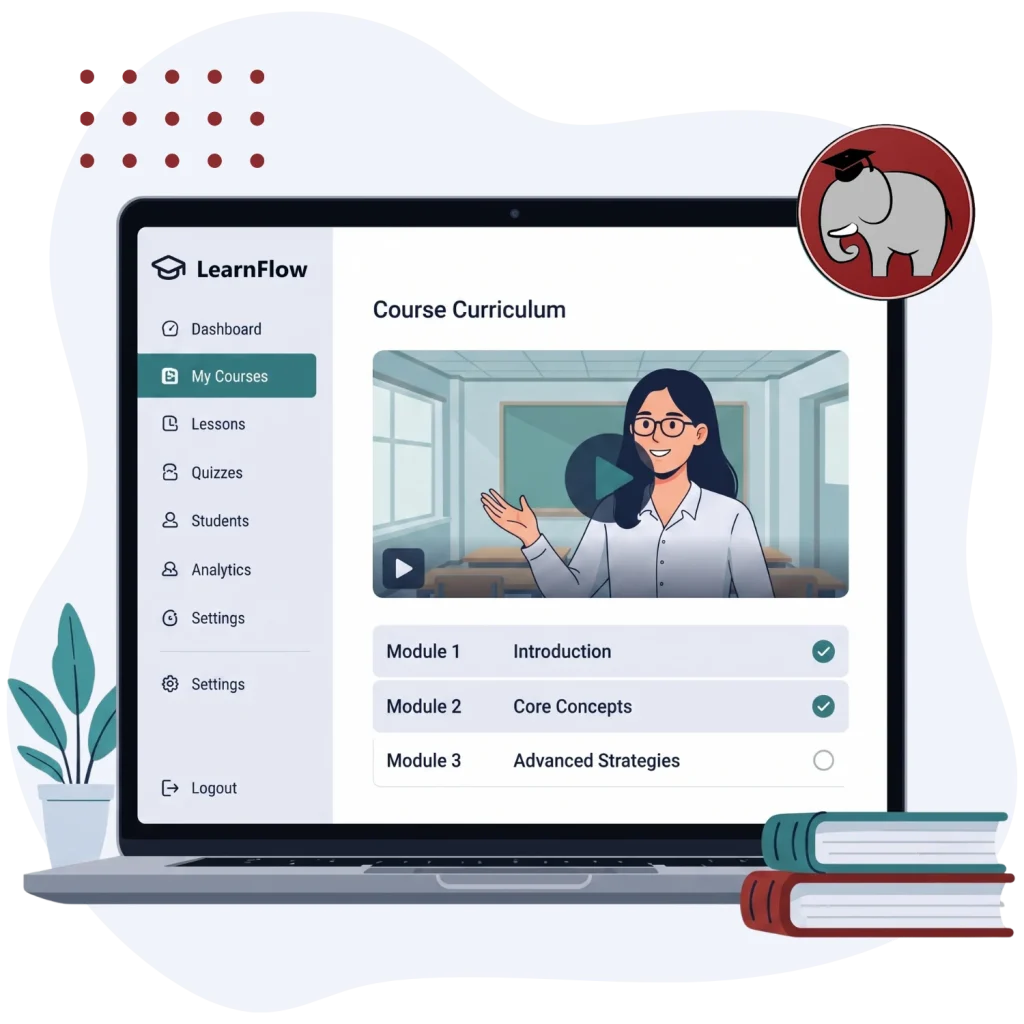 LearnFlow online course curriculum dashboard on a laptop with modular video lessons for a teacherpreneur.