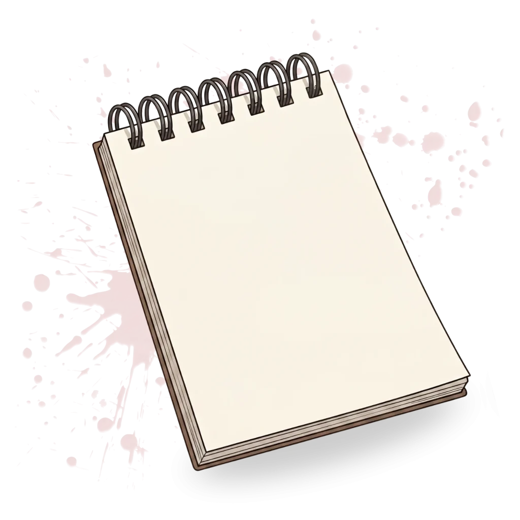 A spiral-bound sketchbook with blank pages floats against a black background with large light grey paint splatters.