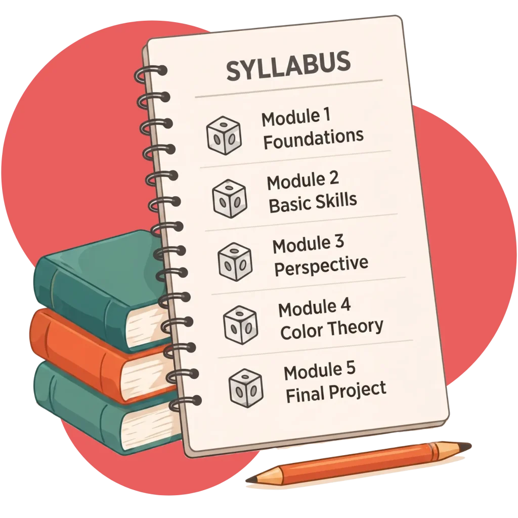 Spiral notebook syllabus breakdown next to a stack of books and a pencil.
