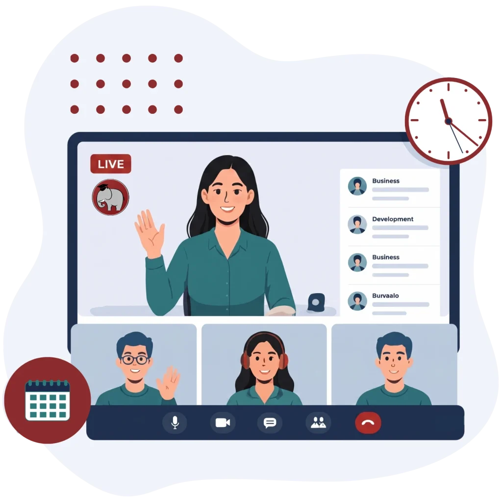 An online teacherpreneur conducting a live virtual class with students via a video conferencing dashboard.