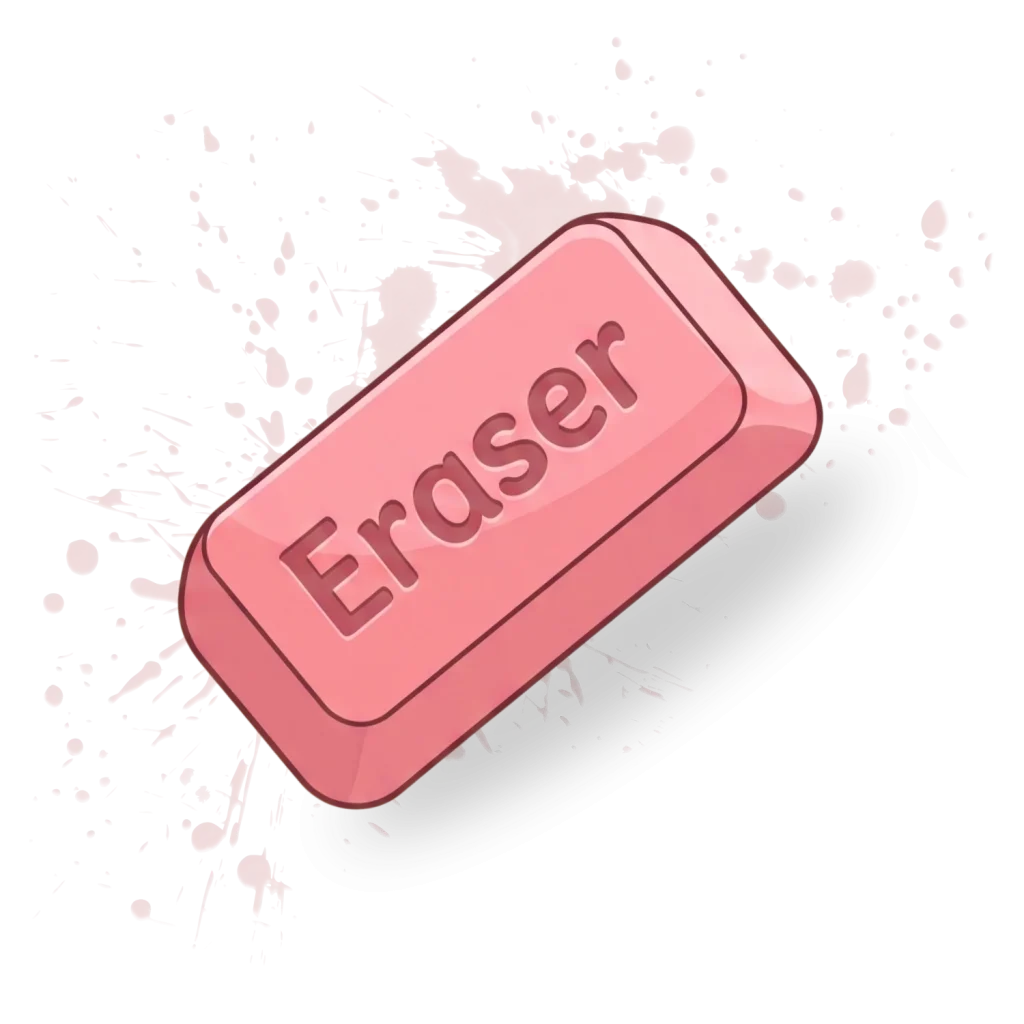 Pink rubber eraser labeled "Eraser" on a black background with paint splatters.