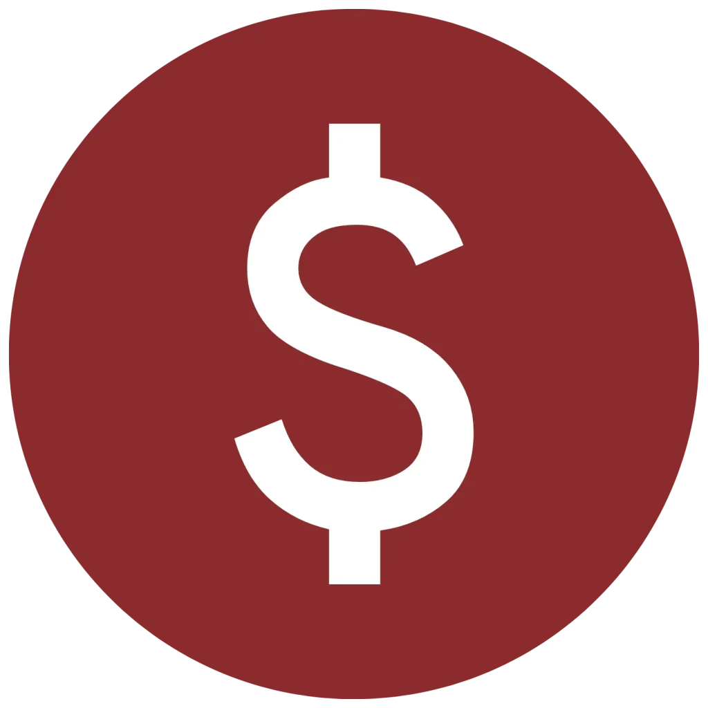 White line icon of a dollar sign, set within a red circle background.