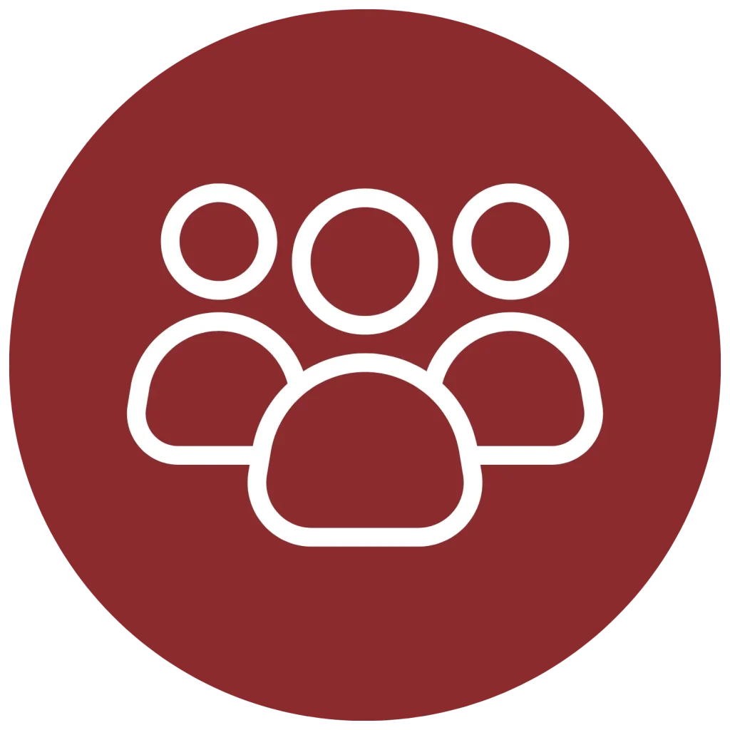 White line icon of three people, set within a red circle background.