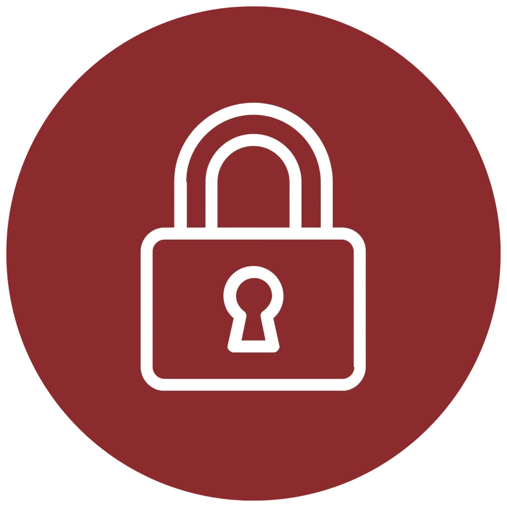 White line icon of a lock, set within a red circle background.