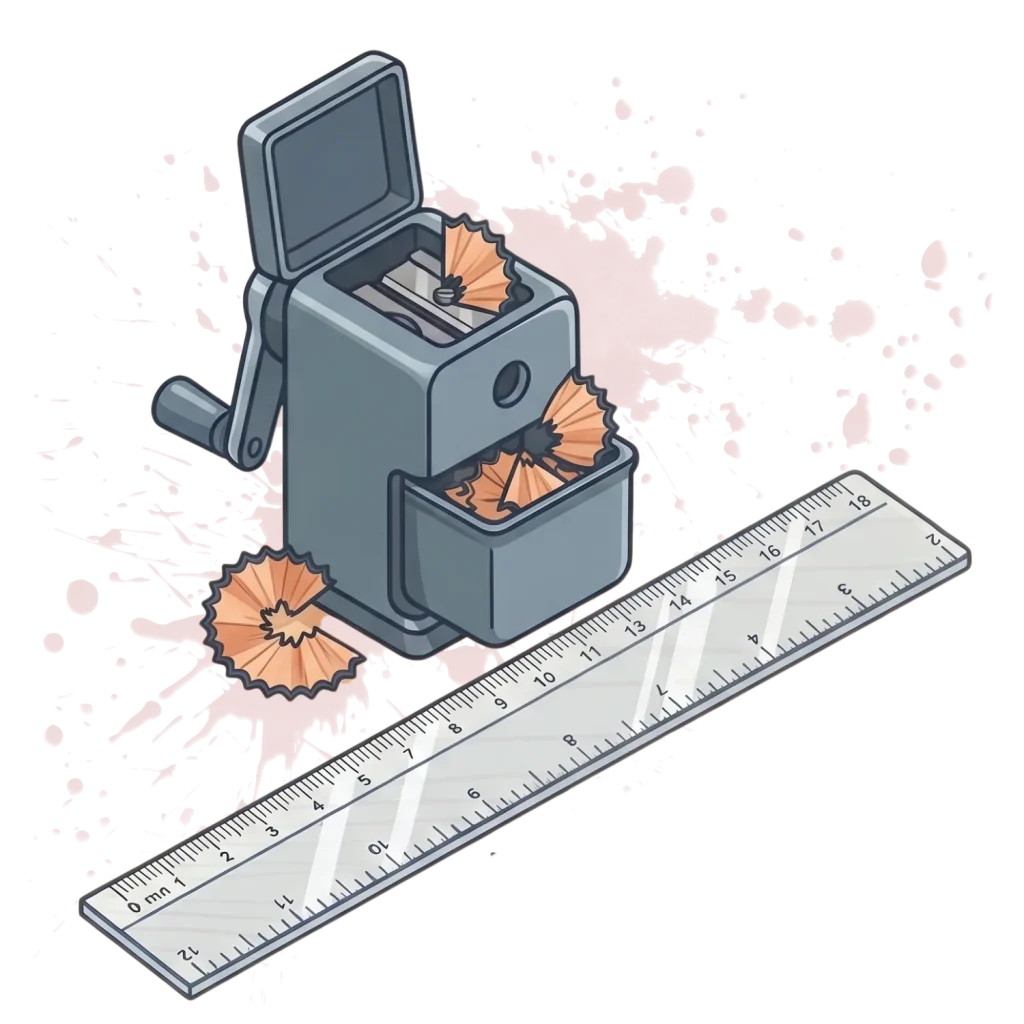 Manual pencil sharpener with shavings next to a clear ruler over a black background with paint splatters.
