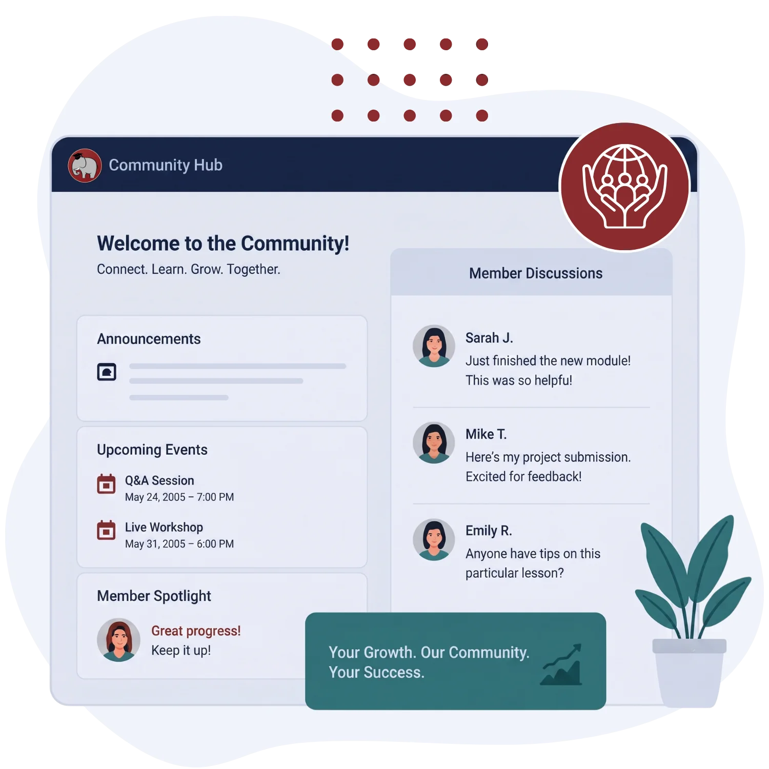 An online teacherpreneur's community hub dashboard displaying announcements, events, and student discussions.