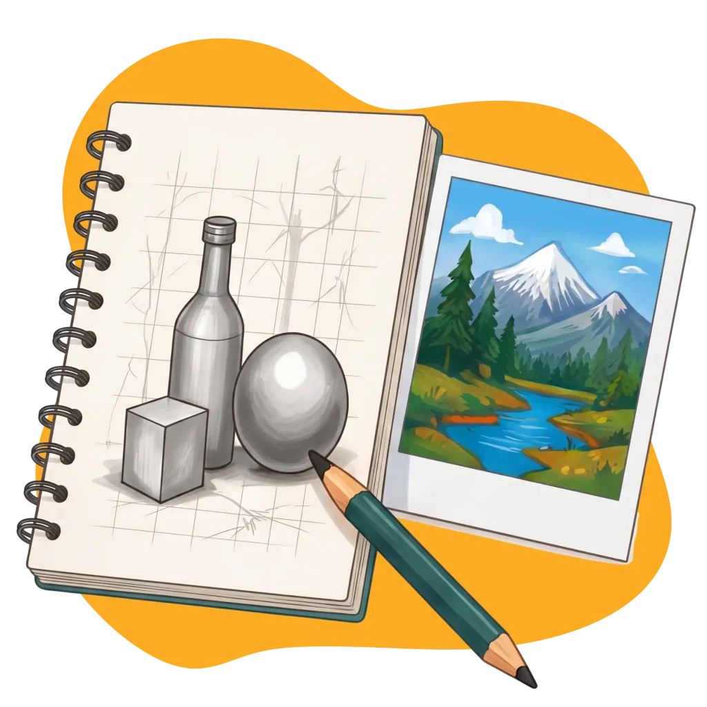 Spiral sketchbook with 3D practice shapes and landscape art next to a drawing pencil for an online art class.