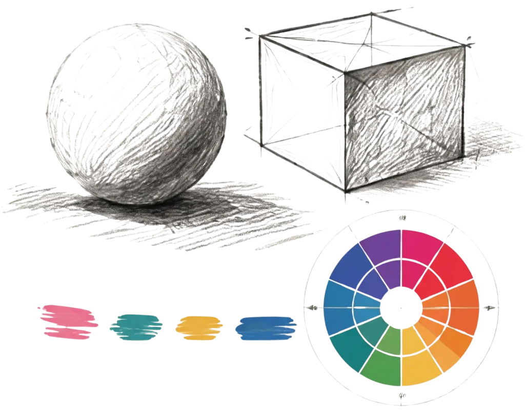3D geometric sketches, color swatches, and a color wheel illustrating basic concepts for a unique art style.