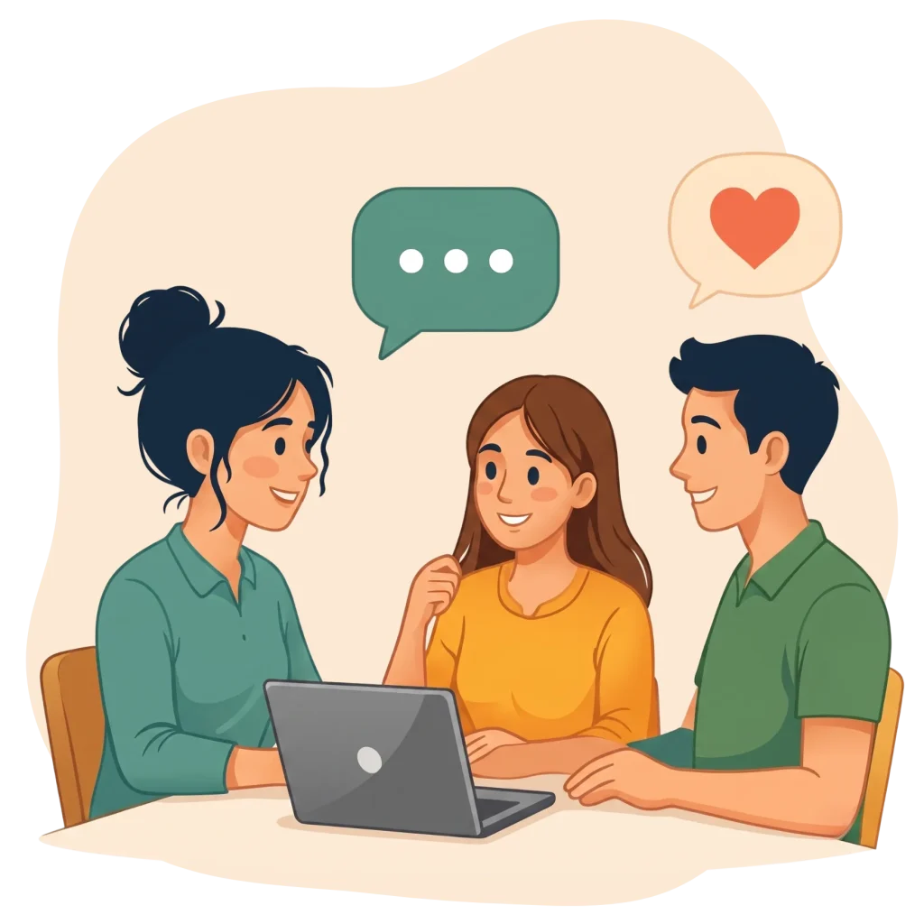 Three people sitting at a table with a laptop, chatting and interacting with speech bubble icons overhead.