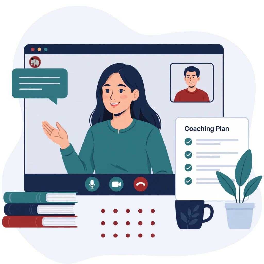 An online teacherpreneur conducting a virtual coaching session with a student on a video call dashboard.