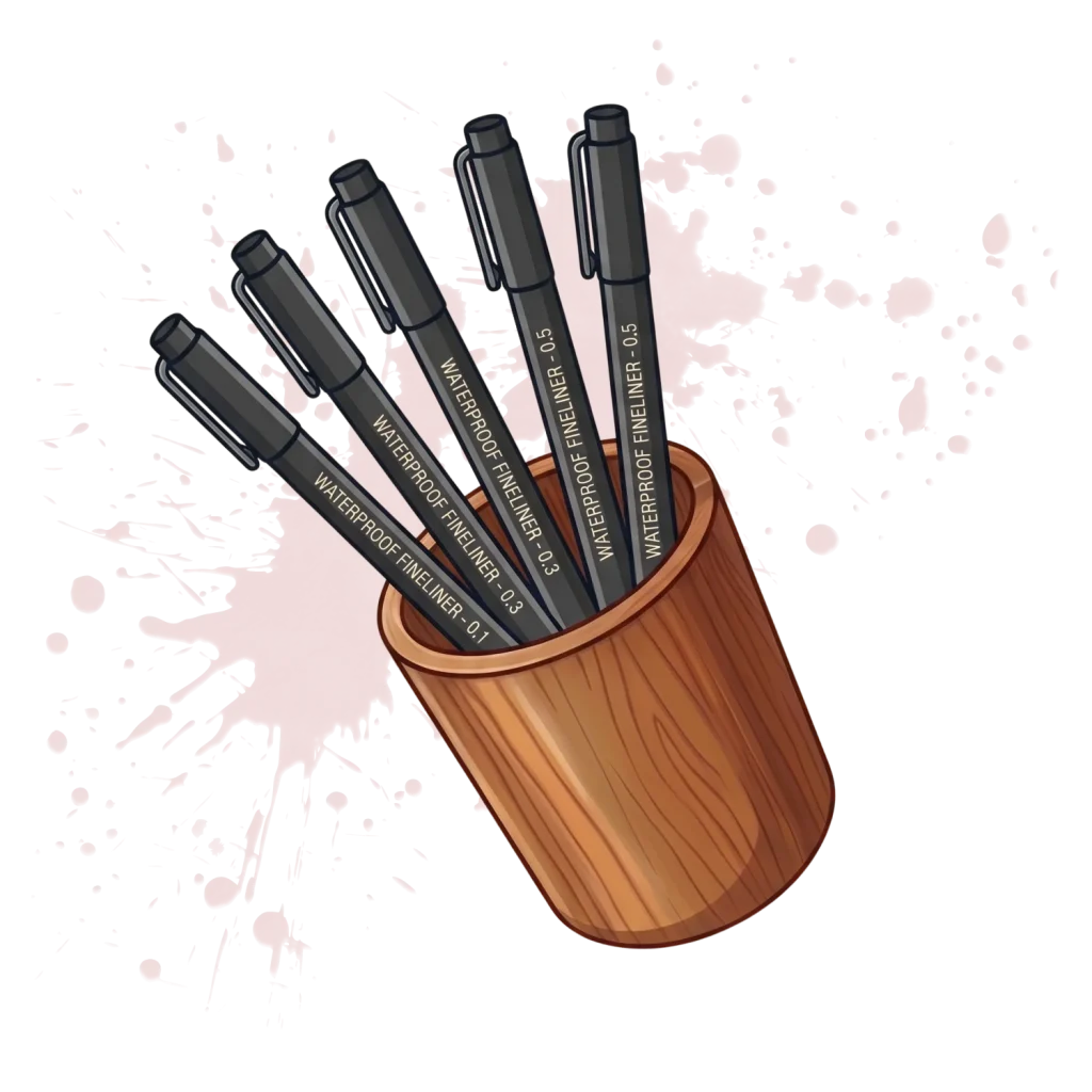Set of black waterproof fineliner pens fan out from a wooden holder over paint splatters on a black backdrop.