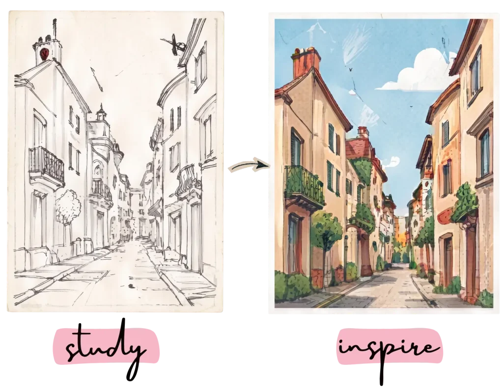 Pencil sketch study next to a full-color street painting showing how to inspire a unique art style.